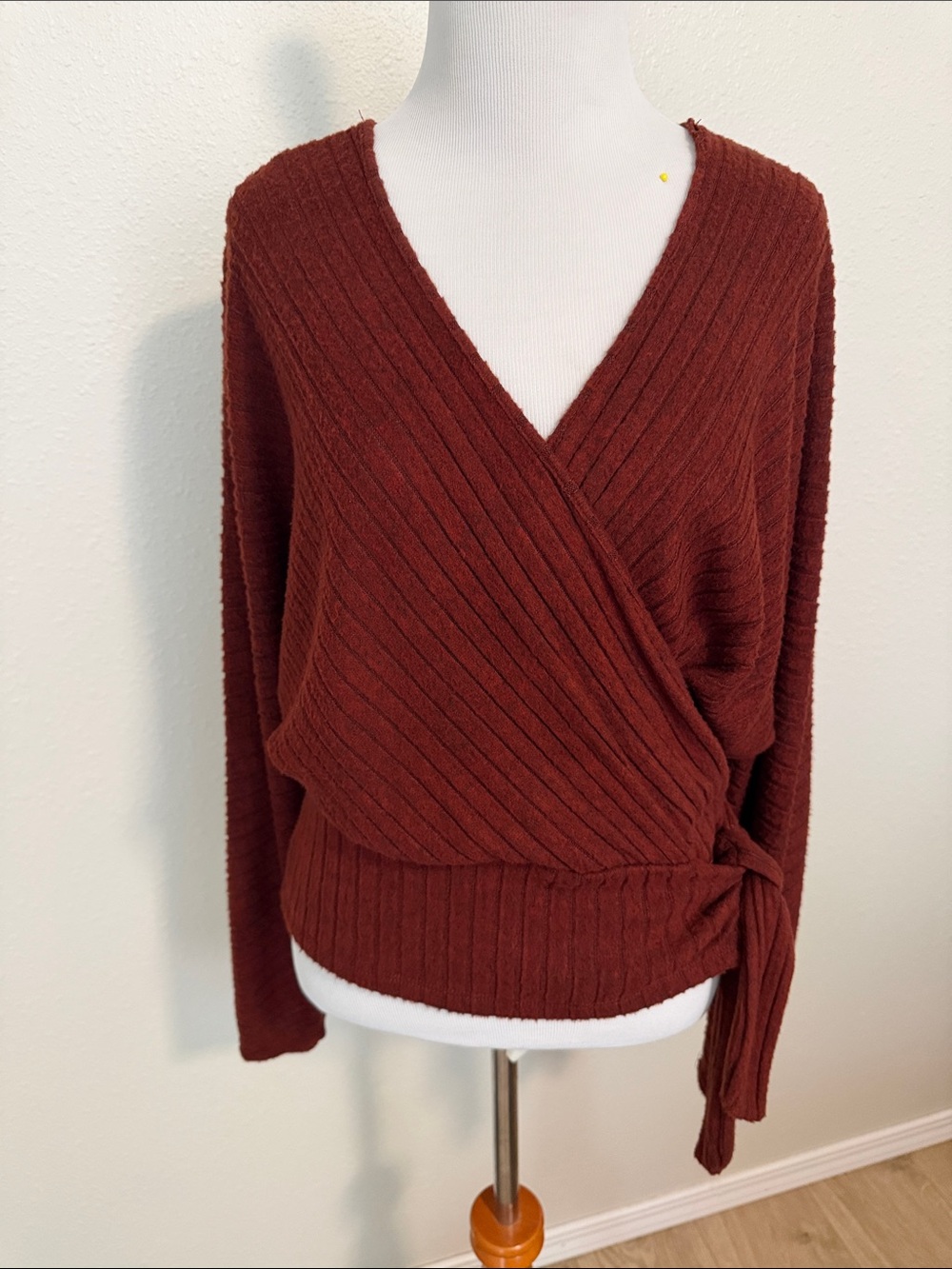 Lush Ribbed V-Neck Wrap Sweater in Rust